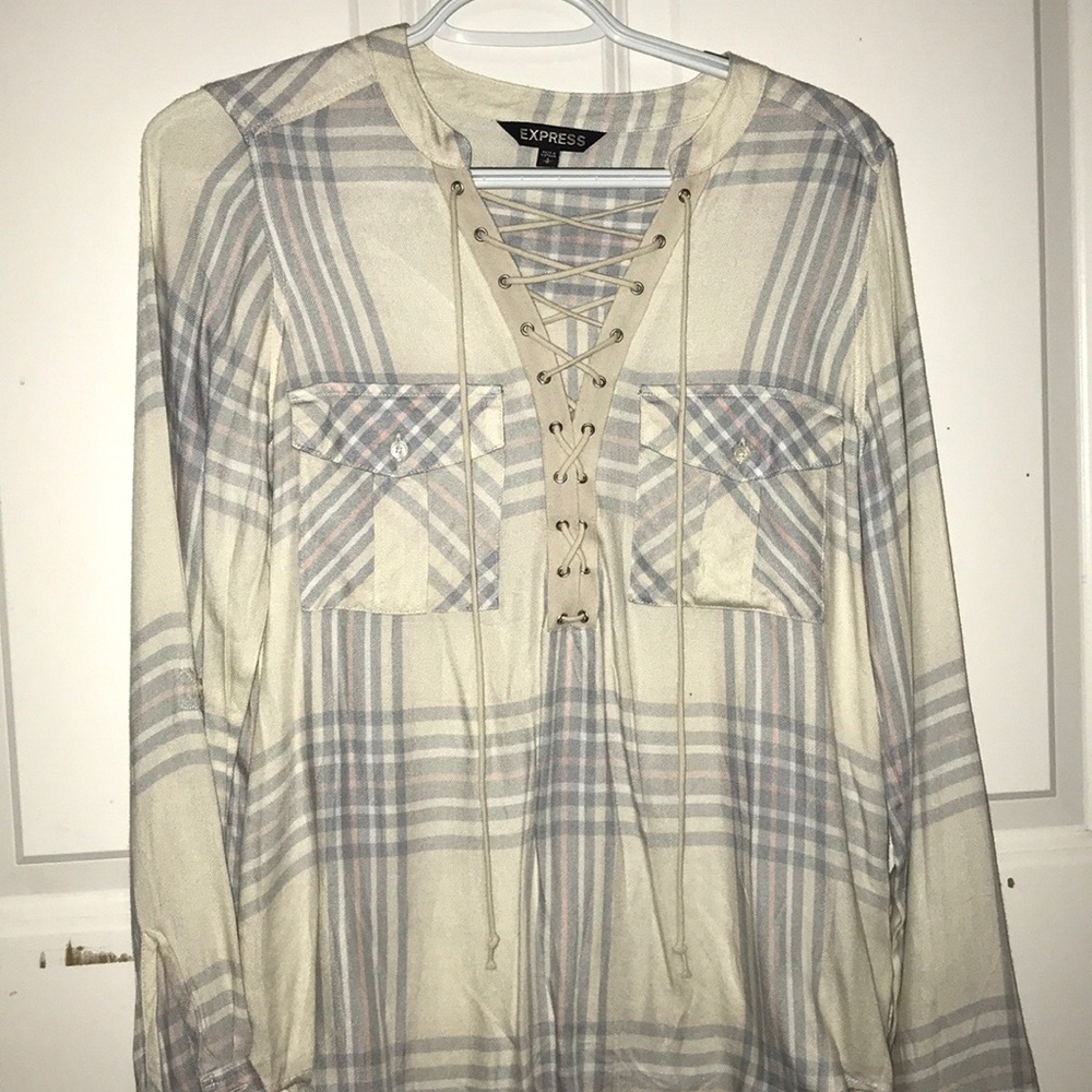 Express Lace up Plaid Blouse